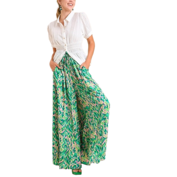 Umgee Green Mixed Print High Waist Wide Leg Pants - Picture 4 of 5